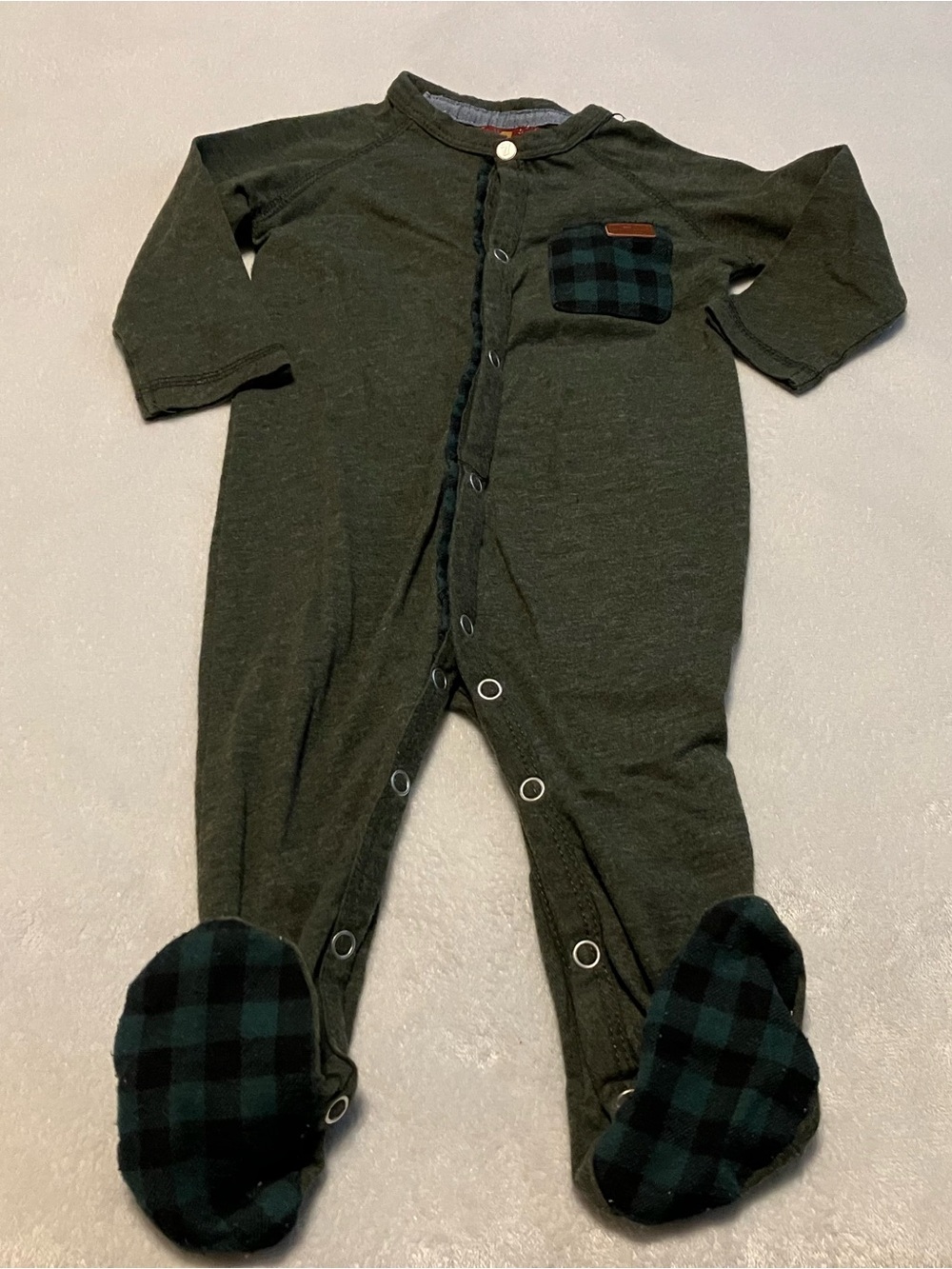 Long-Sleeve Olive Green Baby One-Piece with Plaid Accents